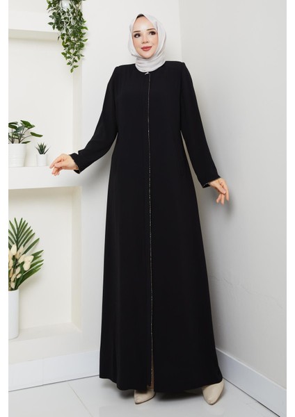 Yazlık Tesettür Ferace Fermuarlı Büyük Beden Siyah 2502