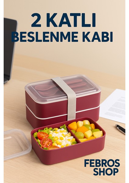 2 Katlı Ayarlanabilir Dikdörtgen Beslenme Kabı Çatal Kaşık Servisli Yemek Saklama Kutusu