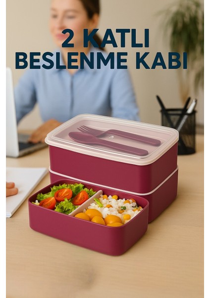 2 Katlı Ayarlanabilir Dikdörtgen Beslenme Kabı Çatal Kaşık Servisli Yemek Saklama Kutusu fiyatları