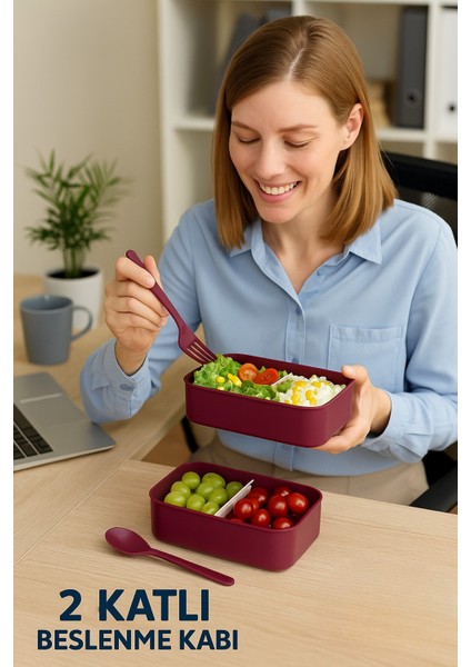 2 Katlı Ayarlanabilir Dikdörtgen Beslenme Kabı Çatal Kaşık Servisli Yemek Saklama Kutusu fırsatları