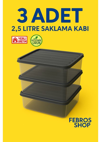 3'lü 2,5l Dikdörtgen Derin Dondurucu Saklama Kabı 10'lu Set Buzluk Mikrodalga Gıda Gri Plastik Kap