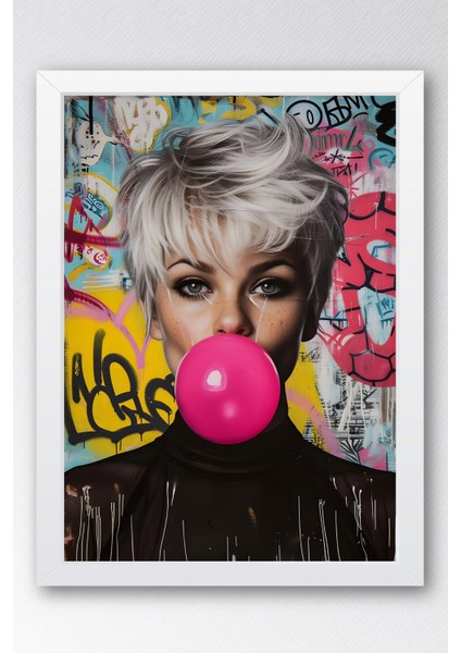 Pembe Sakız Balonu Patlatan Kadın Grafiti Çerçeveli Tablo - Pop Art Poster Tablo