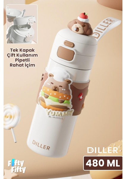 Dıller 480 ml Tek Kapak Çift Kullanım Pipetli/pipetsiz Taşıma El Askılı Vacum Cup/çelik Termos -FFD9351-480