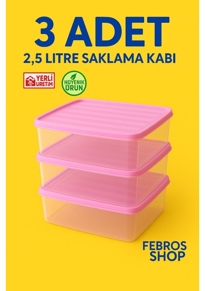 3'lü 2,5l Dikdörtgen Derin Dondurucu Saklama Kabı 10'lu Set Buzluk Mikrodalga Gıda Pembe Plastik Kap