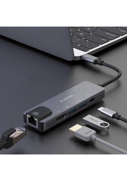 Xmh7810 Type-C / Usb-C Çıkışlı Rj45 Ethernet 4k Hdmı Görüntü Aktarım Çift Usb Tv Laptop Uyumlu Çoklayıcı Hub fiyatları