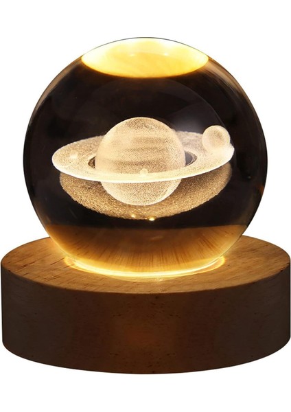 3D Satürn Kristal Küre Lamba – USB Li Gün Işığı LED Işıklı Ahşap Standlı Dekoratif Masa Lambası indirimleri