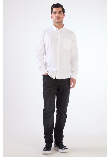 Beyaz Regular Fit Düz Brent Düğmeli Yaka Uzun Kol Gömlek - 95098