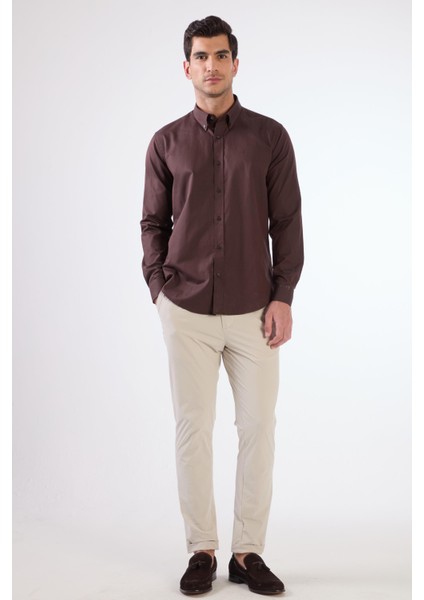 Kahve Erkek Slim Fit Düğmeli Yaka Uzun Kol Gömlek