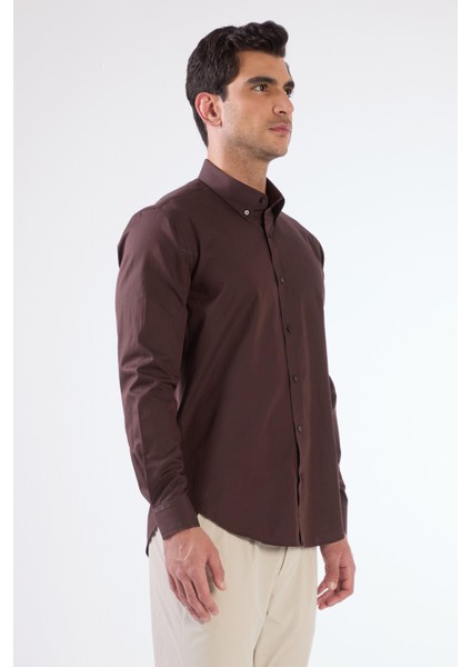 Kahve Erkek Slim Fit Düğmeli Yaka Uzun Kol Gömlek fiyatları