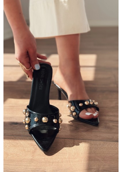 Yonspe Rugan Trok Detaylı Ince Topuklu Terlik Siyah