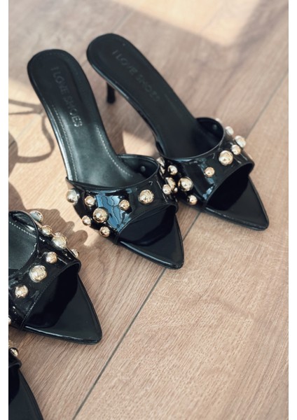 Yonspe Rugan Trok Detaylı Ince Topuklu Terlik Siyah modelleri