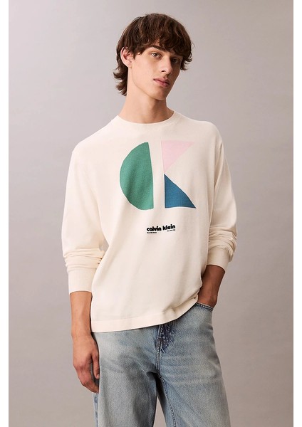 Uzun Kollu Renk Bloklu Grafik Pamuklu Beyaz Erkek Kazak LV04RC303G-YAS