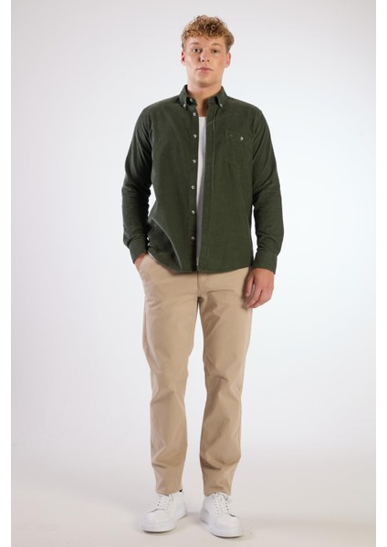 Haki Fitilli Cepli Regular Fit Erkek Gömlek