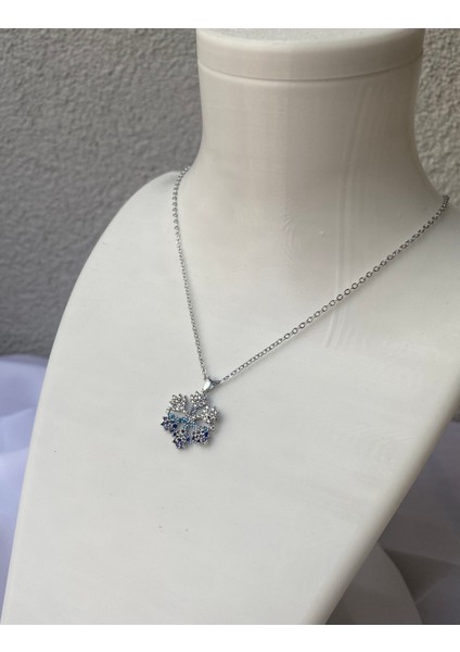 Çelik Mavi Kar Tanesi Detaylı Gümüş Kolye