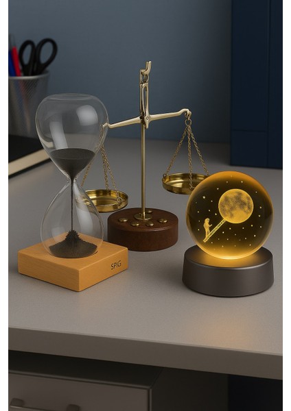 3’lü Masaüstü Dekoratif Set– Kum Saati, Adalet Terazisi ve Ay Tırmanan Astronot Figürlü Işıklı Küre