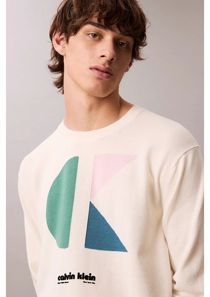 Uzun Kollu Renk Bloklu Grafik Pamuklu Beyaz Erkek Kazak LV04RC303G-YAS indirimleri