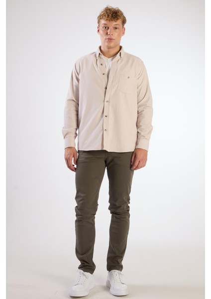 Bej Fitilli Uzun Kol Regular Fit Erkek Gömlek