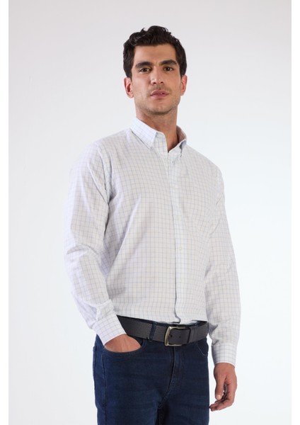 Mavi Kare Desen Erkek Gömlek - Regular Fıt fırsatları