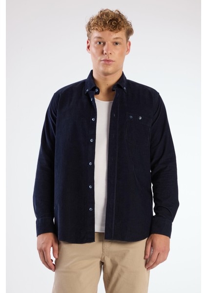 Gece Laciverti Fitilli Cepli Regular Fit Erkek Gömlek