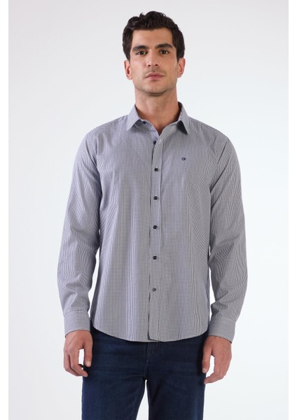 Lacivert Pamuklu Kare Desen Regular Fit Erkek Gömlek