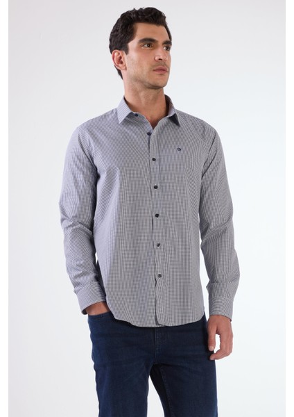 Lacivert Pamuklu Kare Desen Regular Fit Erkek Gömlek fırsatları