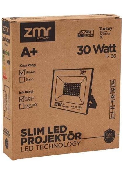 Zmr 30 Watt 6500K IP66 150* Işık Açısı 220 Volt Siyah Slim Kasa LED Projektör modelleri
