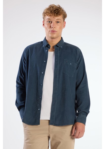 Petrol Fitilli Uzun Kol Regular Fit Erkek Gömlek