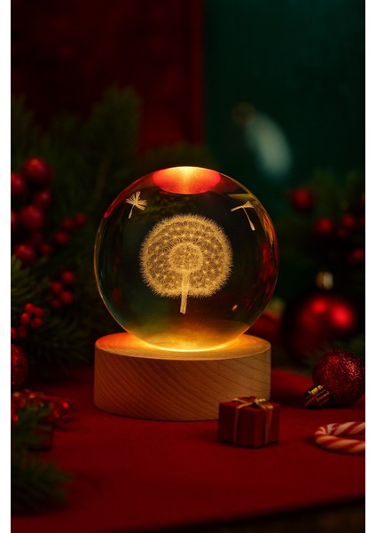 3D Karahindiba Temalı Kristal Küre Gün Işığı LED Gece Lambası – Usb'li Ahşap Standlı LED Lamba