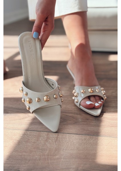 Yonspe Rugan Trok Detaylı Ince Topuklu Terlik Bej indirimleri