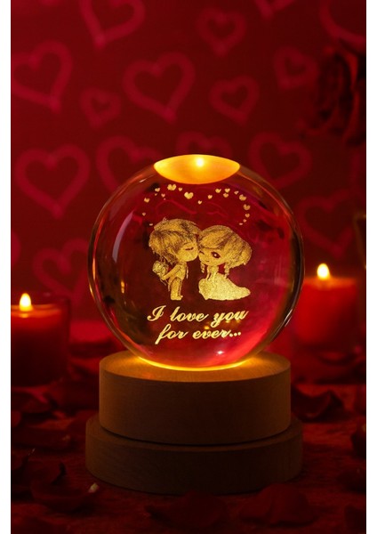 Romantik LED Işıklı Renk Değiştiren Kristal Küre Lamba – Usb'li Ahşap Standlı Rgb