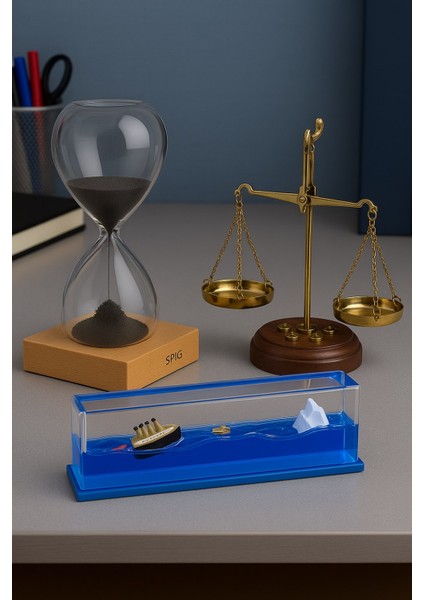 3’lü Masaüstü Dekoratif Set – Manyetik Kum Saati, Adalet Terazisi ve Batmayan Gemi Biblosu
