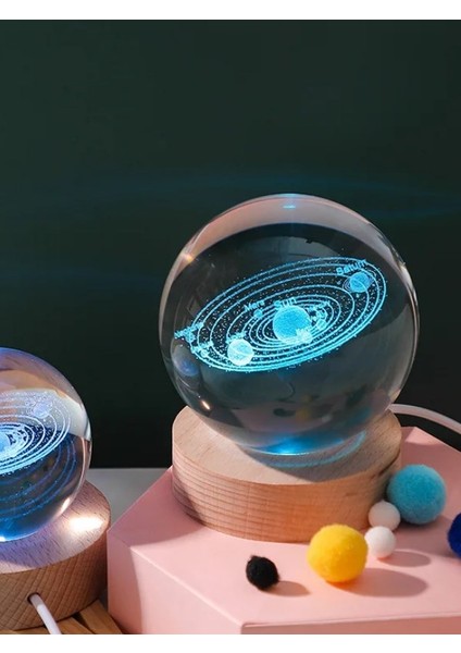 3D Güneş Sistemi Kristal LED Gece Lambası – Usb'li Ahşap Standlı LED Masa - Gece Lambası Rgb LED