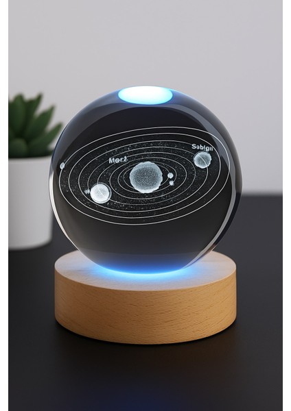 3D Güneş Sistemi Kristal LED Gece Lambası – Usb'li Ahşap Standlı LED Masa - Gece Lambası Rgb LED modelleri
