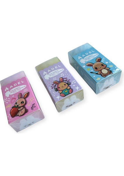 Sevimli Tavşanlar Silgi Seti, 3 Parça, Pembe Mavi Mor Renk, Karikatür Tavşan Desenli modelleri