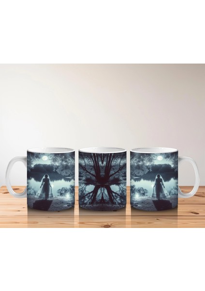 Sisli Mezarlıkta Kara Pelerinli Silüet Figürlü Gotik Cadılar Bayramı Baskılı Kupa Bardak indirimleri