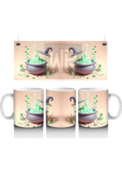 Kaynayan Kazan ve Zehirli Iksir Figürlü Sevimli Cadılar Bayramı Baskılı Kupa Bardak