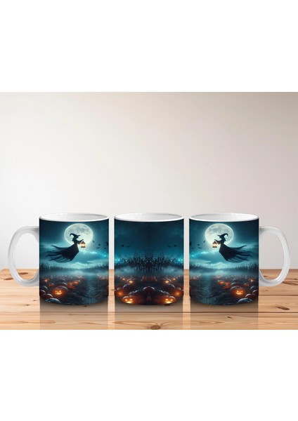 Ay Işığında Süpürgeye Binen Cadı Figürlü Mistik Cadılar Bayramı Baskılı Kupa Bardak indirimleri