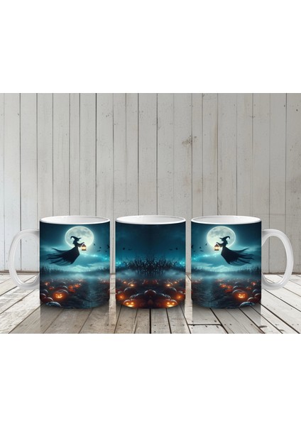 Ay Işığında Süpürgeye Binen Cadı Figürlü Mistik Cadılar Bayramı Baskılı Kupa Bardak