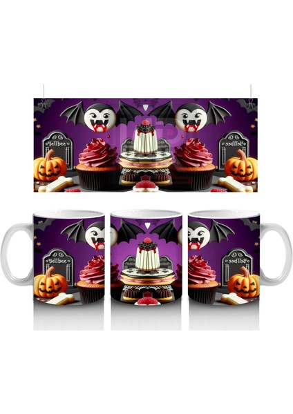 Kara Kafatası Figürlü Gotik Tatlı Standı Temalı Cadılar Bayramı Baskılı Kupa Bardak