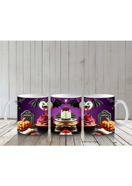 Kara Kafatası Figürlü Gotik Tatlı Standı Temalı Cadılar Bayramı Baskılı Kupa Bardak