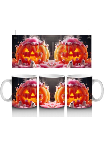 Pembe Krema ve Gözlerle Süslenmiş Balkabağı Figürlü Eğlenceli Cadılar Bayramı Baskılı Kupa Bardak