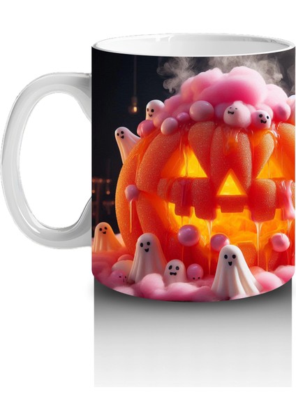 Pembe Krema ve Gözlerle Süslenmiş Balkabağı Figürlü Eğlenceli Cadılar Bayramı Baskılı Kupa Bardak fiyatları