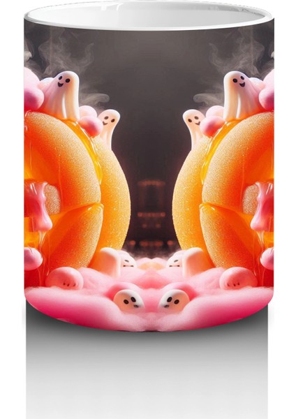 Pembe Krema ve Gözlerle Süslenmiş Balkabağı Figürlü Eğlenceli Cadılar Bayramı Baskılı Kupa Bardak modelleri