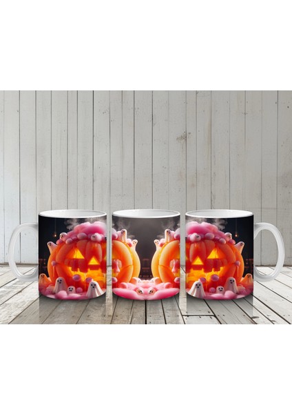 Pembe Krema ve Gözlerle Süslenmiş Balkabağı Figürlü Eğlenceli Cadılar Bayramı Baskılı Kupa Bardak