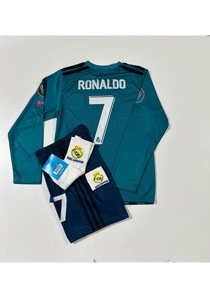 Cristiano Ronaldo Turkuaz Röveşata Uzun Kol Çocuk Forması 4'lü (Armalı Set) modelleri