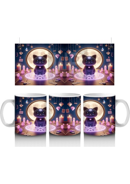 Işıklı Büyü Halkası Içinde Sevimli Cadı Figürlü Renkli Cadılar Bayramı Baskılı Kupa Bardak