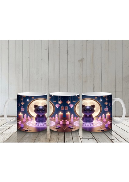 Işıklı Büyü Halkası Içinde Sevimli Cadı Figürlü Renkli Cadılar Bayramı Baskılı Kupa Bardak