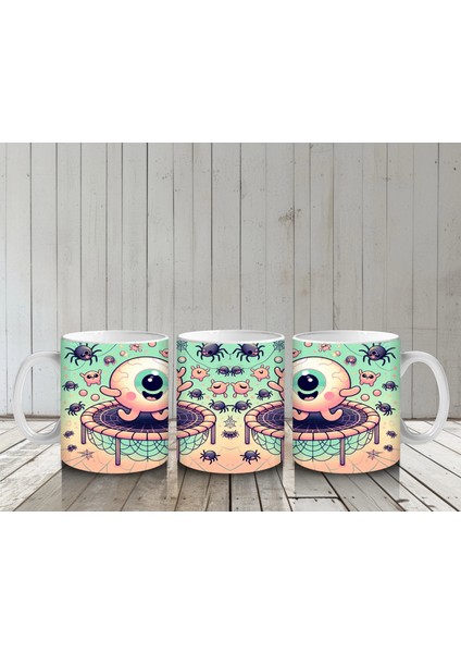 Göz Küresi Figürlü Renkli Şekerlemelerle Süslenmiş Cadılar Bayramı Baskılı Kupa