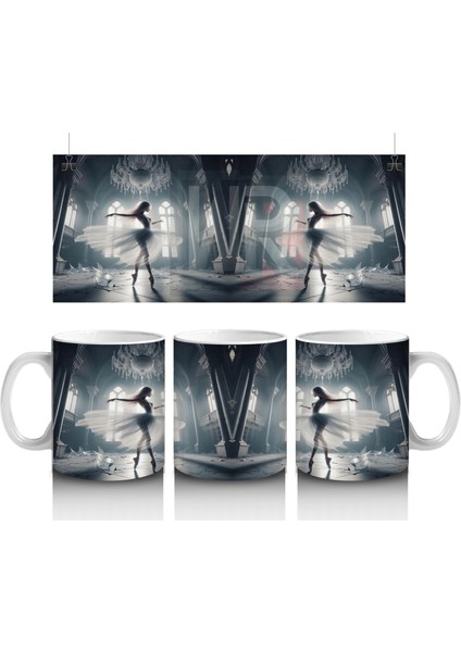 Gri Tonlarda Sisli Iskelet Portresi Figürlü Gotik Baskılı Kupa