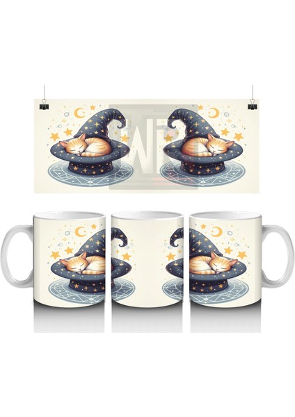 Cadı Şapkası ve Mum Işığı Figürlü Minimal Cadılar Bayramı Baskılı Kupa